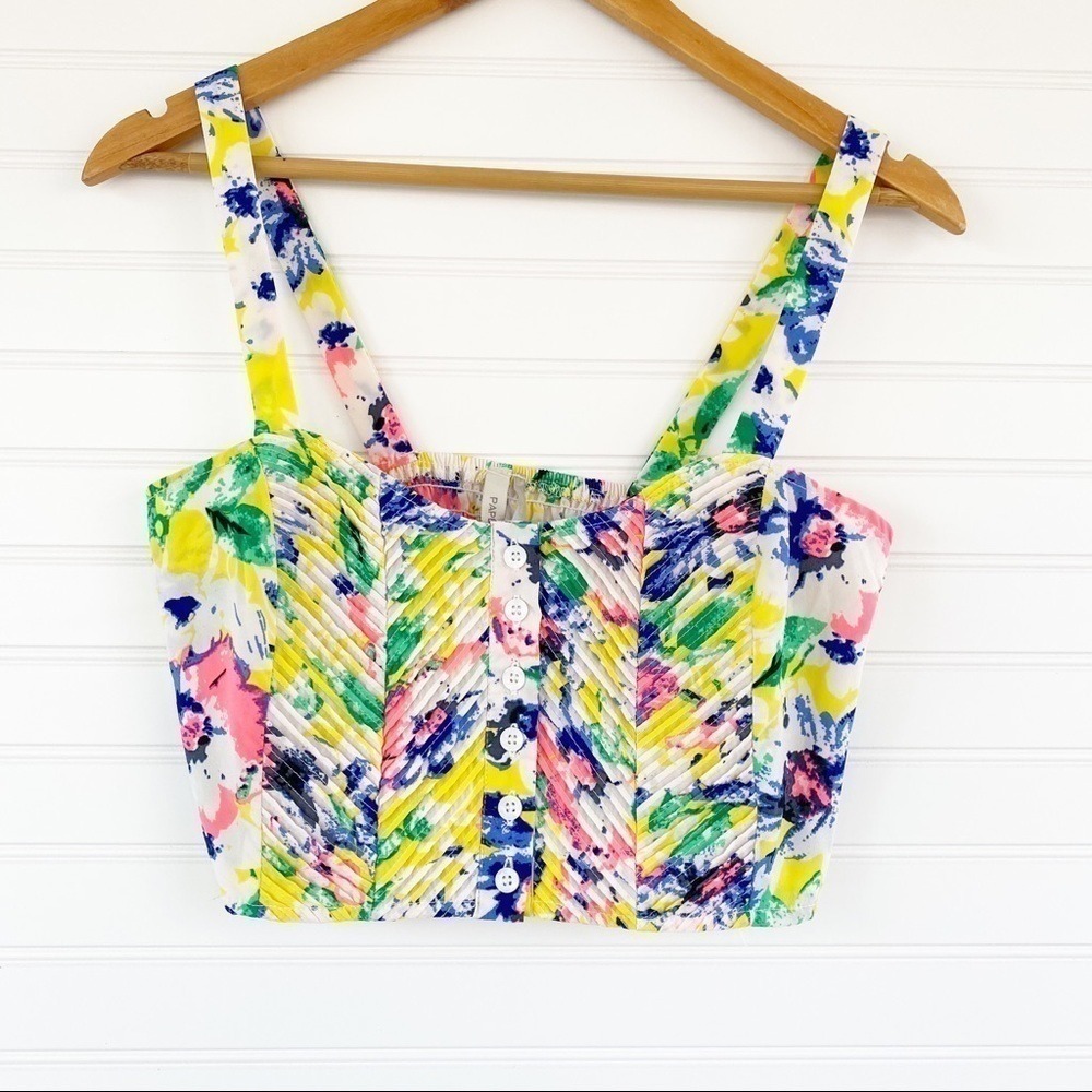 Paper Crane Floral Crop Top Small Pintuck Smocked Back Multicolored Button Front